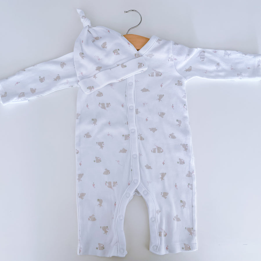 3-6 months Little White Company bunny sleepsuit and matching hat